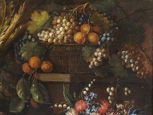 ARTISTA TOSCANO DEL XVII SECOLO : Natura morta con pesci, fiori, frutta, verdura e un pappagallo  - Asta Asta 387 | ARTE ANTICA E DEL XIX SECOLO - DAL RINASCIMENTO AL SIMBOLISMO: OPERE DA COLLEZIONI ITALIANE Tradizionale - Associazione Nazionale - Case d'Asta italiane