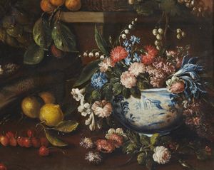 ARTISTA TOSCANO DEL XVII SECOLO : Natura morta con pesci, fiori, frutta, verdura e un pappagallo  - Asta Asta 387 | ARTE ANTICA E DEL XIX SECOLO - DAL RINASCIMENTO AL SIMBOLISMO: OPERE DA COLLEZIONI ITALIANE Tradizionale - Associazione Nazionale - Case d'Asta italiane