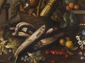 ARTISTA TOSCANO DEL XVII SECOLO : Natura morta con pesci, fiori, frutta, verdura e un pappagallo  - Asta Asta 387 | ARTE ANTICA E DEL XIX SECOLO - DAL RINASCIMENTO AL SIMBOLISMO: OPERE DA COLLEZIONI ITALIANE Tradizionale - Associazione Nazionale - Case d'Asta italiane
