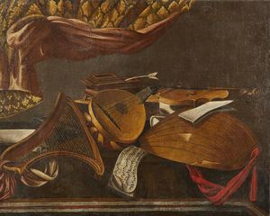 BASCHENIS EVARISTO (1617 - 1677) - Ambito di. Natura morta con arpa, liuti e violino