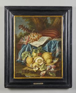 ARTISTA ROMANO DEL XVII SECOLO : Natura morta con vassoio di agrumi, pere e gelsomini, strumento musicale e uva  - Asta Asta 387 | ARTE ANTICA E DEL XIX SECOLO - DAL RINASCIMENTO AL SIMBOLISMO: OPERE DA COLLEZIONI ITALIANE Tradizionale - Associazione Nazionale - Case d'Asta italiane