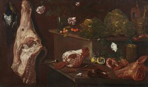 ARTISTA DEL XVII SECOLO - Natura morta con fiori, frutta, carne e lattuga