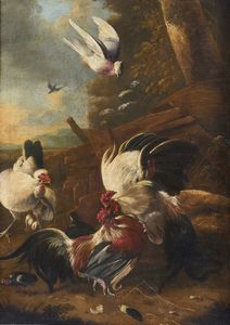 ARTISTA FIAMMINGO DEL XVII SECOLO - Galli che lottano e altri volatili