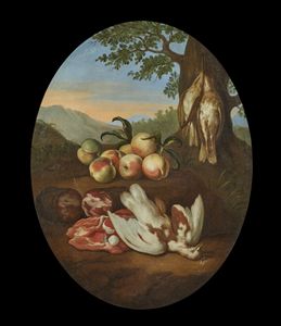 CASSANA GIOVANNI AGOSTINO (1658 - 1720) - Natura morta con cacciagione, pesche e carne