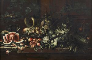 PAOLETTI PAOLO (1671 - 1735) - Natura morta con angurie, zucche, melagrani, carciofi, cardi, uva e pesche