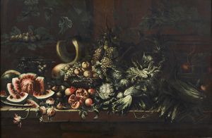 PAOLETTI PAOLO (1671 - 1735) - Natura morta con angurie, zucche, melagrani, carciofi, cardi, uva e pesche