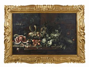 PAOLETTI PAOLO (1671 - 1735) : Natura morta con angurie, zucche, melagrani, carciofi, cardi, uva e pesche  - Asta Asta 387 | ARTE ANTICA E DEL XIX SECOLO - DAL RINASCIMENTO AL SIMBOLISMO: OPERE DA COLLEZIONI ITALIANE Tradizionale - Associazione Nazionale - Case d'Asta italiane