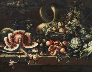 PAOLETTI PAOLO (1671 - 1735) : Natura morta con angurie, zucche, melagrani, carciofi, cardi, uva e pesche  - Asta Asta 387 | ARTE ANTICA E DEL XIX SECOLO - DAL RINASCIMENTO AL SIMBOLISMO: OPERE DA COLLEZIONI ITALIANE Tradizionale - Associazione Nazionale - Case d'Asta italiane