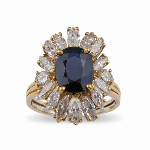 Anello con zaffiro Australia e diamanti taglio navetta e brillante a contorno  - Asta Gioielli - Associazione Nazionale - Case d'Asta italiane