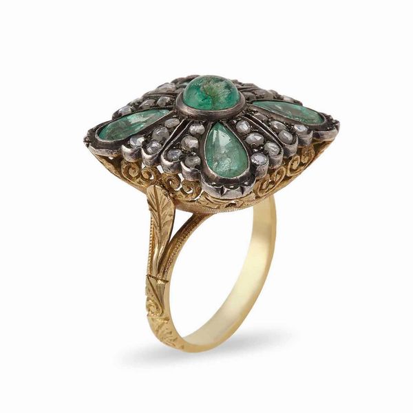 Anello con smeraldo e diamanti taglio rosa  - Asta Gioielli - Associazione Nazionale - Case d'Asta italiane