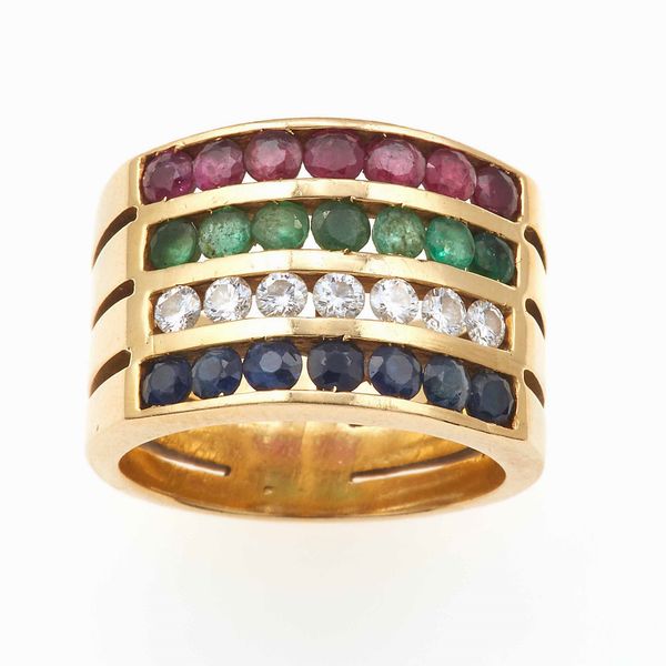 Anello a fascia con rubini, smeraldi, diamanti e zaffiri  - Asta Gioielli - Associazione Nazionale - Case d'Asta italiane