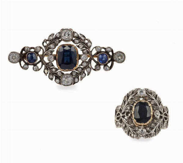 Lotto composto da anello e spilla con zaffiri Australia e diamanti di vecchio taglio  - Asta Gioielli - Associazione Nazionale - Case d'Asta italiane