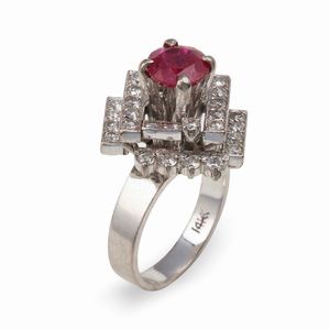 Anello con rubino di 1.00 circa e diamanti  - Asta Gioielli - Associazione Nazionale - Case d'Asta italiane