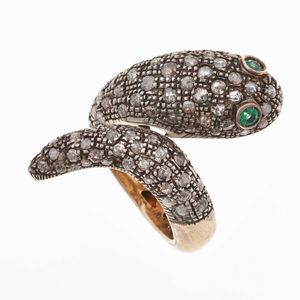 Anello serpente con rosette di diamante e smeraldi  - Asta Gioielli - Associazione Nazionale - Case d'Asta italiane