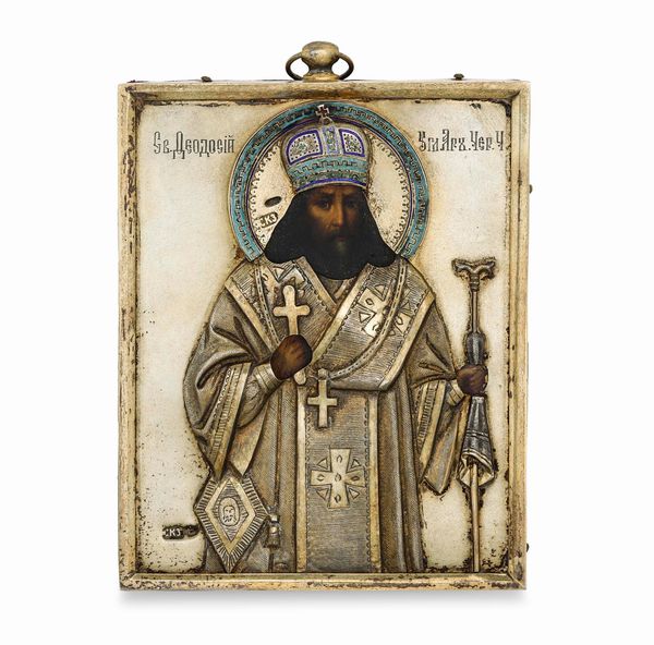 Icona su tavola. San Teodosio Arcivescovo di Cernigov. Riza in argento fuso, sbalzato, traforato e dorato. Aureola e corona in smalti policromi. Russia (Mosca?), marchi in uso dal 1896 al 1908  - Asta Argenti da Collezione | Antichi - Associazione Nazionale - Case d'Asta italiane