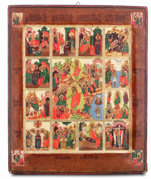 Icona a tempera su tavola raffigurante la Resurrezione di Cristo e scene della santa tradizione cristiana. Russia XVIII-XIX secolo  - Asta Argenti da Collezione | Antichi - Associazione Nazionale - Case d'Asta italiane