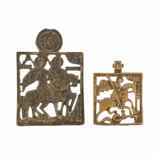 Due placchette traforate raffiguranti i Santi Boris e Gleb e San Giorgio. Bronzo fuso, traforato e cesellato. Arte ortodossa, Russia XIX secolo  - Asta Argenti da Collezione | Antichi - Associazione Nazionale - Case d'Asta italiane