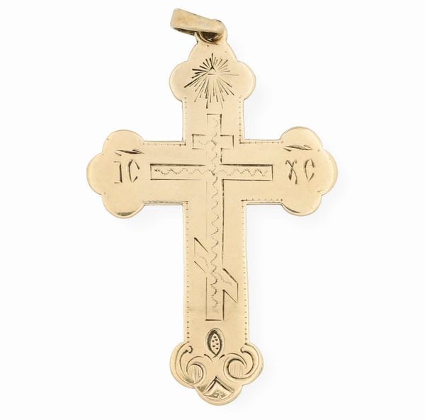 Crocefisso a pendente. Oro fuso e cesellato. San Pietroburgo 1867, orafo PB (non identificato)  - Asta Argenti da Collezione | Antichi - Associazione Nazionale - Case d'Asta italiane