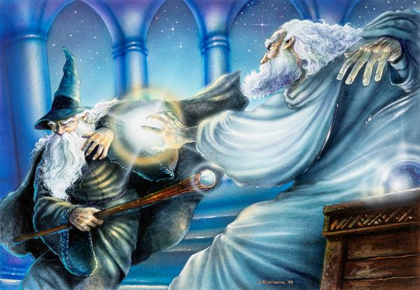 Angelo Montanini : Saruman e Gandalf alla Torre di Orthanc  - Asta L'arte de ''Il Signore degli Anelli'' - Associazione Nazionale - Case d'Asta italiane