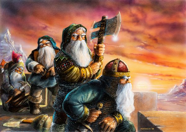 Angelo Montanini : Thorin e i suoi compagni si preparano alla battaglia dei cinque eserciti  - Asta L'arte de ''Il Signore degli Anelli'' - Associazione Nazionale - Case d'Asta italiane