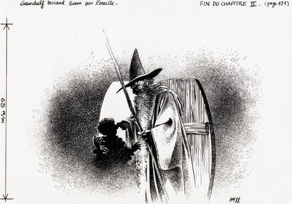 Philippe Munch : Gandalf tiene Sam per l'orecchio  - Asta L'arte de ''Il Signore degli Anelli'' - Associazione Nazionale - Case d'Asta italiane