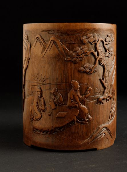 Brushpot in legno raffigurante saggi entro paesaggio e iscrizione, Cina, Dinastia Qing, XVIII secolo  - Asta Arte Orientale - Associazione Nazionale - Case d'Asta italiane