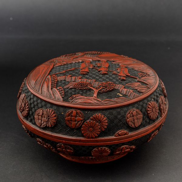 Scatola circolare in lacca con figure di saggi entro paesaggio sul coperchio e decori floreali, Cina, Dinastia Qing, XIX secolo  - Asta Arte Orientale - Associazione Nazionale - Case d'Asta italiane