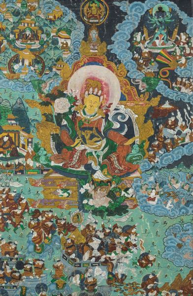 Thangka su seta entro cornice con figura centrale di divinit e guerrieri, Tibet, XIX secolo  - Asta Arte Orientale - Associazione Nazionale - Case d'Asta italiane