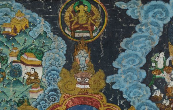 Thangka su seta entro cornice con figura centrale di divinit e guerrieri, Tibet, XIX secolo  - Asta Arte Orientale - Associazione Nazionale - Case d'Asta italiane