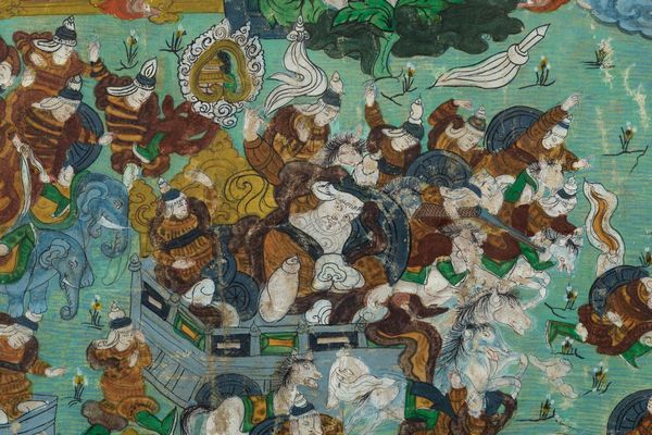 Thangka su seta entro cornice con figura centrale di divinit e guerrieri, Tibet, XIX secolo  - Asta Arte Orientale - Associazione Nazionale - Case d'Asta italiane