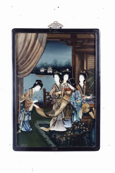 Coppia di dipinti su vetro raffiguranti scene di vita comune con cortigiane, Cina, XX secolo  - Asta Arte Orientale - Associazione Nazionale - Case d'Asta italiane
