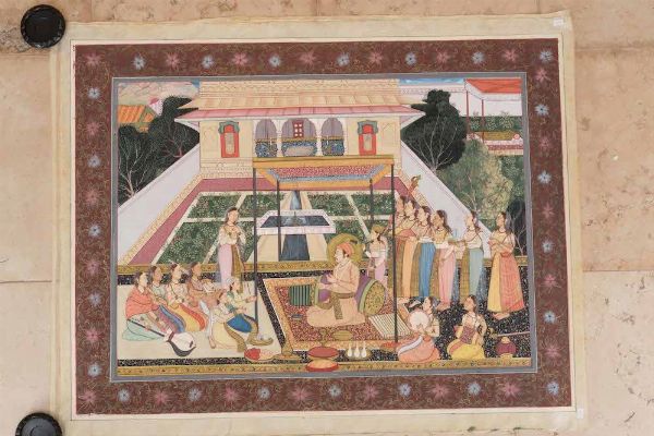 Dipinto Moghul raffigurante sultano con concubine, Persia, XIX secolo  - Asta Arte Orientale - Associazione Nazionale - Case d'Asta italiane