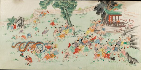 Dipinto su carta raffigurante bambini che giocano entro paesaggio, Cina, Repubblica, XX secolo  - Asta Arte Orientale - Associazione Nazionale - Case d'Asta italiane