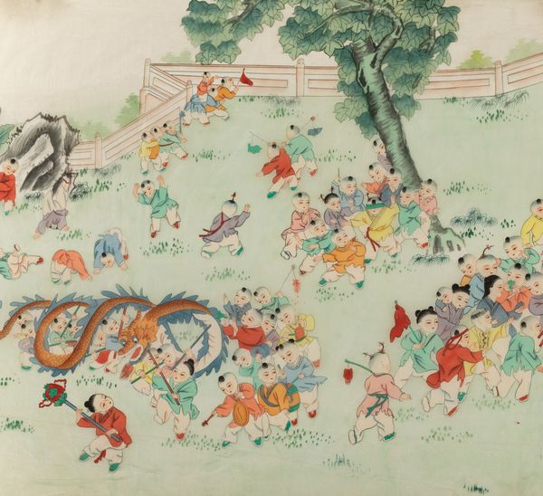 Dipinto su carta raffigurante bambini che giocano entro paesaggio, Cina, Repubblica, XX secolo  - Asta Arte Orientale - Associazione Nazionale - Case d'Asta italiane