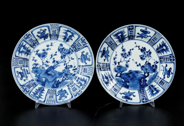 Coppia di piatti in porcellana bianca e blu con decori naturalistici, Cina, Dinastia Ming, epoca Wanli (1537-1619)  - Asta Arte Orientale - Associazione Nazionale - Case d'Asta italiane