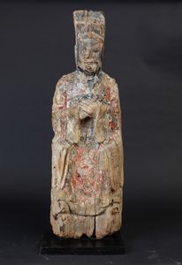 Figura di Wenchang Dijun scolpita in legno con tracce di policromi, Cina, Dinastia Ming, XVII secolo  - Asta Arte Orientale - Associazione Nazionale - Case d'Asta italiane