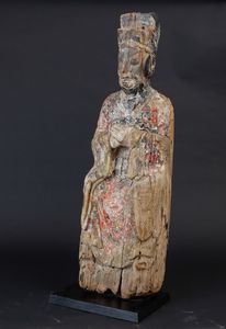Figura di Wenchang Dijun scolpita in legno con tracce di policromi, Cina, Dinastia Ming, XVII secolo  - Asta Arte Orientale - Associazione Nazionale - Case d'Asta italiane