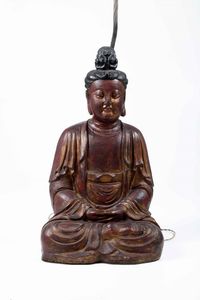 Buddha in legno dorato montato a lampada, Cina, XIX secolo  - Asta Arte Orientale - Associazione Nazionale - Case d'Asta italiane