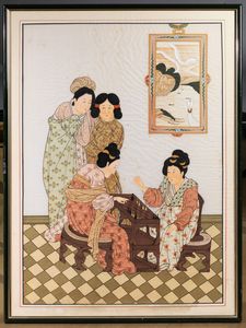 Stampa raffigurante fanciulle che giocano a scacchi, Giappone, XX secolo  - Asta Arte Orientale - Associazione Nazionale - Case d'Asta italiane