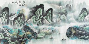 Dipinto su carta raffigurante paesaggio fluviale con imbarcazioni e iscrizione, Cina, XX secolo  - Asta Arte Orientale - Associazione Nazionale - Case d'Asta italiane