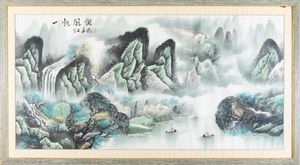 Dipinto su carta raffigurante paesaggio fluviale con imbarcazioni e iscrizione, Cina, XX secolo  - Asta Arte Orientale - Associazione Nazionale - Case d'Asta italiane