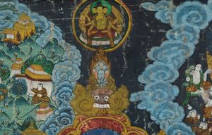 Thangka su seta entro cornice con figura centrale di divinit e guerrieri, Tibet, XIX secolo  - Asta Arte Orientale - Associazione Nazionale - Case d'Asta italiane