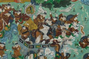 Thangka su seta entro cornice con figura centrale di divinit e guerrieri, Tibet, XIX secolo  - Asta Arte Orientale - Associazione Nazionale - Case d'Asta italiane