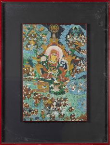Thangka su seta entro cornice con figura centrale di divinit e guerrieri, Tibet, XIX secolo  - Asta Arte Orientale - Associazione Nazionale - Case d'Asta italiane