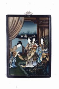 Coppia di dipinti su vetro raffiguranti scene di vita comune con cortigiane, Cina, XX secolo  - Asta Arte Orientale - Associazione Nazionale - Case d'Asta italiane