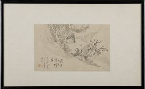 Dipinto su carta raffigurante paesaggio con abitazione e iscrizione, Cina, Dinastia Qing, XIX secolo  - Asta Arte Orientale - Associazione Nazionale - Case d'Asta italiane