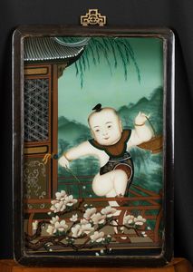 Coppia di dipinti su vetro raffiguranti bambini che giocano, Cina, Dinastia Qing, XIX secolo  - Asta Arte Orientale - Associazione Nazionale - Case d'Asta italiane