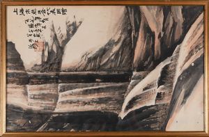 Dipinto su carta raffigurante soggetto naturalistico con iscrizione, Cina, XX secolo  - Asta Arte Orientale - Associazione Nazionale - Case d'Asta italiane