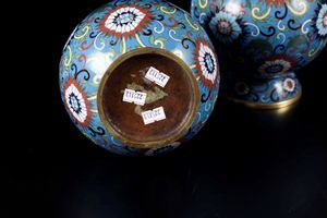Coppia di vasi a bottiglia a smalti cloisonn� con decori vegetali e a fiore do loto, Cina, Dinastia Qing, XIX secolo  - Asta Arte Orientale - Associazione Nazionale - Case d'Asta italiane