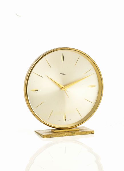 IMHOF - Pendoletta da tavolo con sveglia, carica manuale con riserva di 8 giorni in ottone dorato, anni '80  - Asta Orologi  - Associazione Nazionale - Case d'Asta italiane